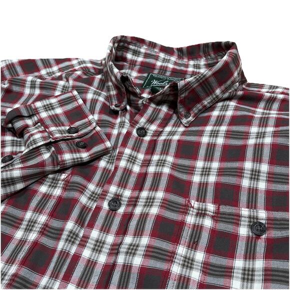 Woolrich Mens XL Plaid Shirt Deep Ruby Red Gray White Polyester Outdoor Western - Picture 1 of 10